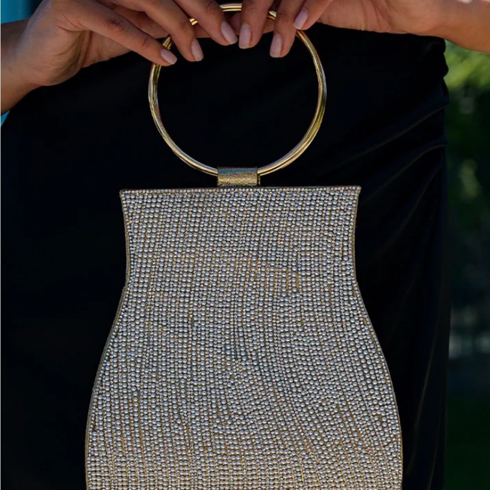 Meghan Rhinestones Handbag Gold Clutch with Gold Ring Handle - Picture 2 of 9